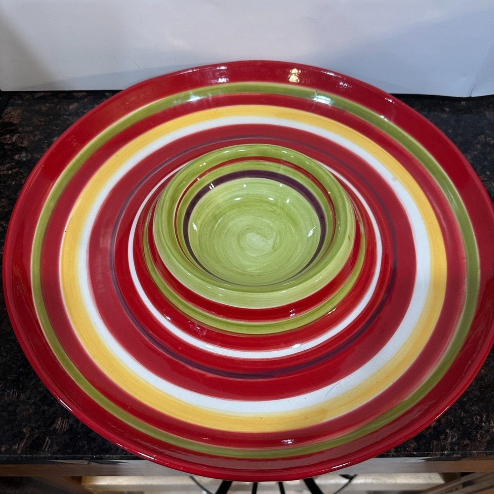 Ceramic Chip Dip Serving Bowl Platter Colorful Striped Red Green Yellow 14"